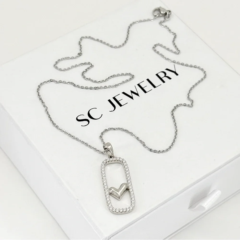 Dainty Platinum Plated Geometric Rectangle Frame Heart Pendant Necklace